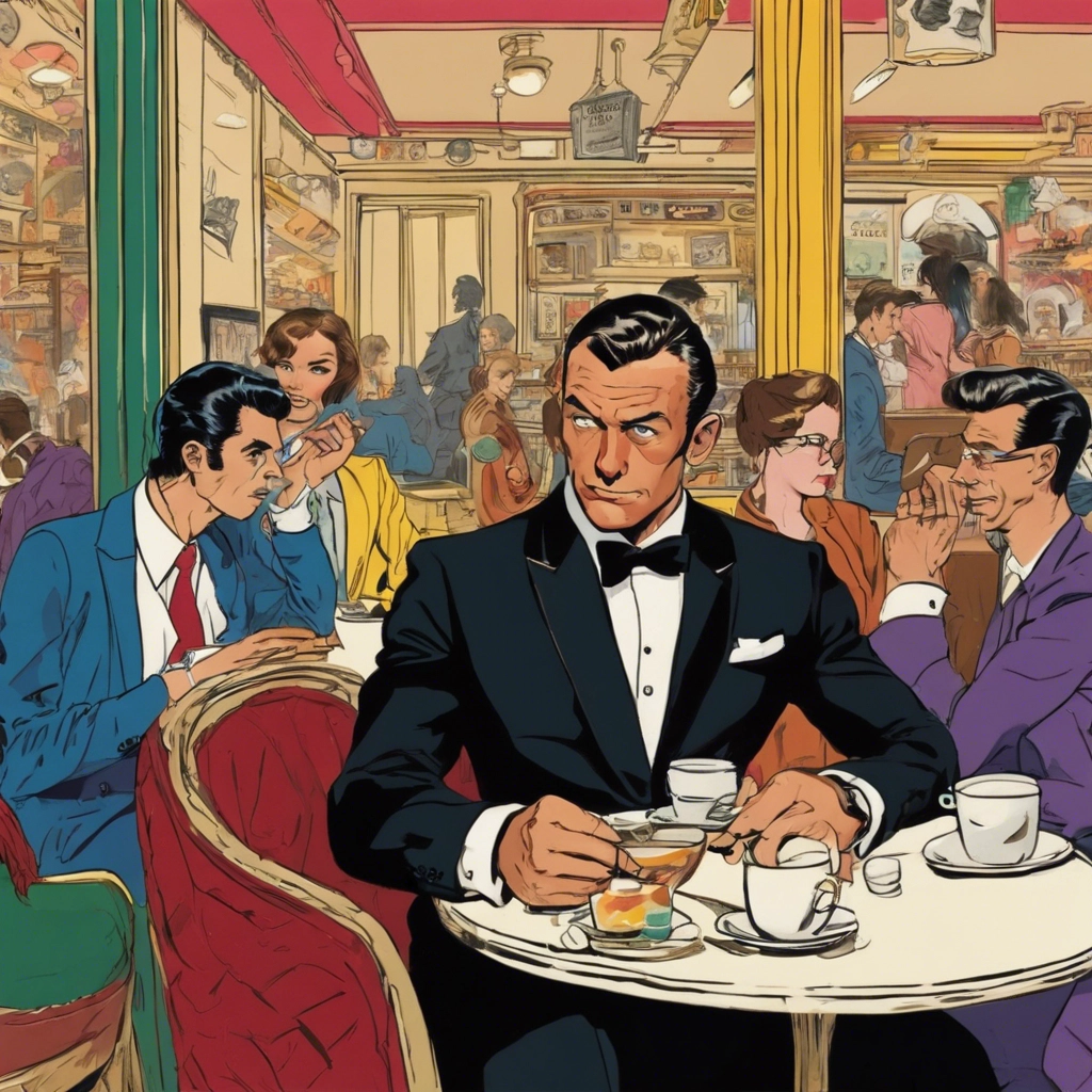 An AI rendering of Michael Nelson, known to be paranoid while traveling abroad, as a James Bond-type in a Parisian cafe.