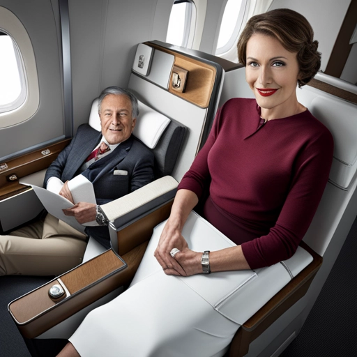 A Power Couple in First Class because they know how to play the airline miles game.